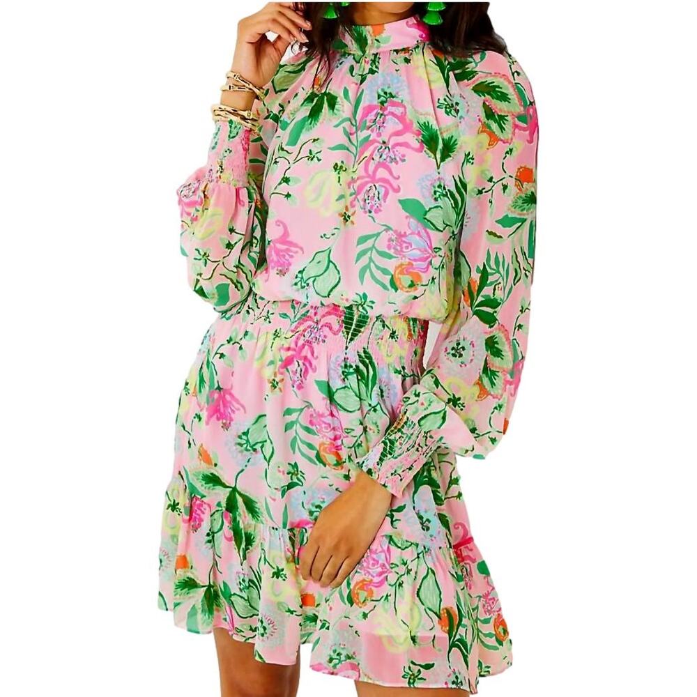 Lilly Pulitzer Ellielynn Pink Floral Long Sleeve Smocked Waist Mini Dress Size 4